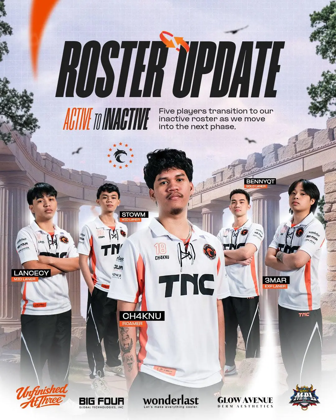 Графика поста с переводом пяти игроков TNC Pro Team в инактив, изображённая на восходе Олимпа